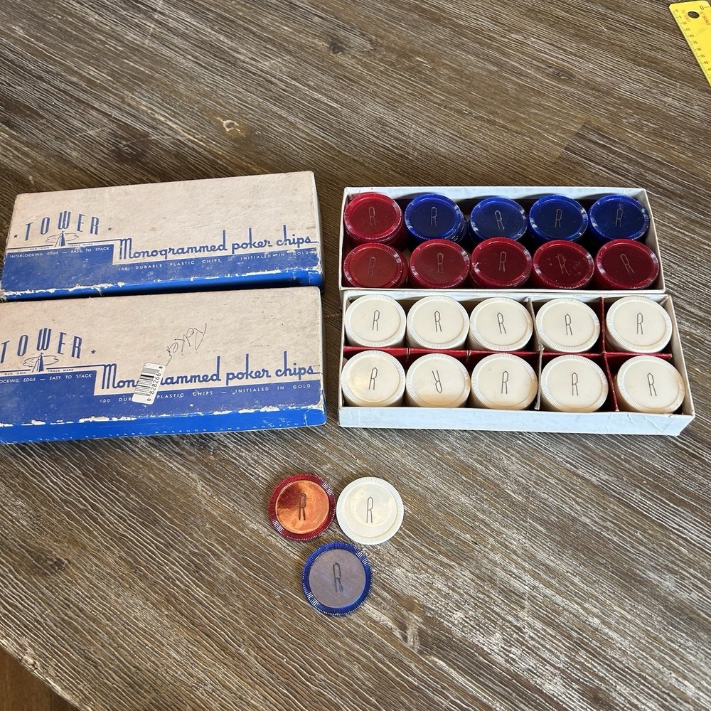 Vtg Monogrammed Plastic Poker Chips in Original Box R Tower Sears Red White Blue